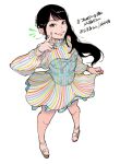  1girl barefoot_sandals black_eyes black_hair blush character_name character_request clothes_lift copyright_name dress dress_lift eyebrows_behind_hair floating_hair long_hair oguri_hayane pointing pointing_at_self real_life ske48 smile solo standing striped striped_dress white_background 