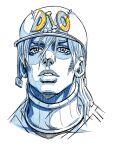  1boy blue_theme character_name diego_brando grandguerrilla hat jojo_no_kimyou_na_bouken looking_at_viewer male_focus parted_lips portrait simple_background solo steel_ball_run white_background 