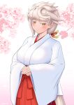  1girl alternate_costume asymmetrical_hair braid breasts cypress hakama japanese_clothes kantai_collection kimono large_breasts long_hair miko red_hakama revision silver_hair single_braid solo unryuu_(kancolle) very_long_hair white_kimono wide_sleeves yellow_eyes 