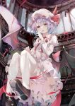  1girl absurdres bat_wings bloomers dress fangs floating from_below full_body hat highres indoors iyo_(ya_na_kanji) juliet_sleeves light_blush long_sleeves looking_at_viewer mob_cap parted_lips pointy_ears puffy_sleeves purple_hair red_eyes remilia_scarlet shoes short_hair solo thigh-highs touhou underwear upskirt white_dress white_legwear wings 