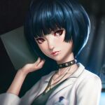  1girl blue_hair choker commentary english_commentary face holding ilya_kuvshinov_(style) labcoat looking_at_viewer persona persona_5 redhead rotisusu short_hair solo takemi_tae 