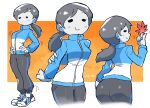  1girl absurdres ass black_pants blush_stickers closed_mouth colored_skin grey_hair grey_skin highres holding holding_leaf jacket leaf long_sleeves looking_at_viewer multiple_views pants ponytail rariatto_(ganguri) shoes smile wii_fit wii_fit_trainer wii_fit_trainer_(female) 