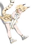  1girl absurdres animal_ear_fluff animal_ears bangs blonde_hair bow bowtie cat_ears cat_girl cat_tail commentary elbow_gloves extra_ears eyebrows_visible_through_hair full_body gloves hair_between_eyes high-waist_skirt highres kemono_friends looking_away print_bow print_gloves print_skirt sand_cat_(kemono_friends) sand_cat_print shirt short_hair simple_background sitting skirt solo tail tanabe_(fueisei) white_background white_shirt yellow_eyes 