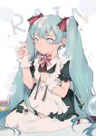  +_+ 1girl absurdres apron black_dress black_footwear blue_eyes blue_hair bow bowtie bubble closed_mouth commentary dress english_commentary full_body hatsune_miku highres long_hair maid maid_apron red_bow red_bowtie short_sleeves sitting solo sweat taowu_(20809) thigh-highs twintails very_long_hair vocaloid wariza white_apron white_legwear wrist_cuffs 