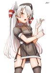  1girl adapted_costume amatsukaze_(kancolle) ayuman black_dress black_headwear black_legwear blush buttons collarbone dated dress feet_out_of_frame garter_straps gloves hair_tubes hat kantai_collection long_hair nurse_cap open_mouth orange_eyes puffy_short_sleeves puffy_sleeves short_sleeves signature silver_hair simple_background solo teeth thigh-highs two_side_up upper_teeth white_background white_gloves windsock 