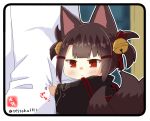  1boy 1girl akagi-chan_(azur_lane) animal_ears arm_hug azur_lane bangs bell brown_hair chibi commentary_request explosive eyebrows_visible_through_hair eyeshadow fox_ears fox_girl fox_tail hair_bell hair_between_eyes hair_ornament hairclip japanese_clothes kyuubi long_hair long_sleeves looking_at_viewer makeup mine_(weapon) minigirl multiple_tails naval_mine out_of_frame red_eyes sidelocks size_difference tail taisa_(kari) translated twintails twitter_username wide_sleeves 
