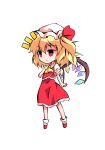  1girl ascot bangs black_eyes blonde_hair chibi clip_studio_paint_(medium) closed_mouth collared_dress crystal dairi dress eyebrows_visible_through_hair flandre_scarlet frills full_body hair_between_eyes hair_ribbon hand_up hat jewelry looking_to_the_side mob_cap multicolored_wings one_side_up puffy_short_sleeves puffy_sleeves red_dress red_eyes red_footwear red_ribbon ribbon shirt shoes short_hair short_sleeves simple_background smile socks solo standing tachi-e touhou white_background white_headwear white_legwear white_shirt wings yellow_ascot 