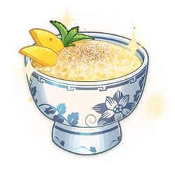  artist_request bowl commentary dessert english_commentary floral_print food food_focus garnish genshin_impact leaf lowres mango mint no_humans official_art rice rice_pudding sparkle still_life third-party_source transparent_background 