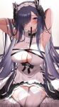  1girl armpits arms_behind_head august_von_parseval_(azur_lane) azur_lane blue_eyes blush breasts chest_strap cleavage_cutout clothes_in_mouth clothing_cutout dress frilled_dress frills futon_fly_away grey_hair hair_over_one_eye headband highres large_breasts long_hair maid solo sweat thigh-highs very_long_hair white_dress white_legwear 