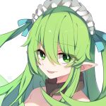 1girl absurdres artist_name bangs black_souls bright_pupils chinese_commentary eyebrows eyebrows_visible_through_hair eyelashes eyes eyes_visible_through_hair fairy fairy_wings green_eyelashes green_eyes green_wings hair_between_eyes highres leaf_(black_souls) light_green_hair long_hair maid_headdress pointy_ears portrait pupa_jiang simple_background solo twintails two_side_up white_background white_pupils wings