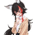  1girl @_@ alternate_breast_size animal_ear_fluff animal_ears bangs black_hair braid brown_cardigan brown_eyes cardigan commentary_request daichi_(daichi_catcat) eyebrows_visible_through_hair flat_chest hair_ornament hand_on_own_chest highres hololive long_hair long_sleeves looking_down multicolored_hair ookami_mio open_cardigan open_clothes open_mouth redhead shirt simple_background solo streaked_hair upper_body very_long_hair virtual_youtuber white_background white_shirt wolf_ears x_hair_ornament 