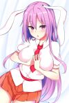  1girl :o animal_ears bangs belt between_breasts blush breasts collared_shirt eyebrows_visible_through_hair eyelashes fingers_together head_tilt highres light_purple_hair long_hair looking_at_viewer microskirt necktie open_mouth parted_lips pleated_skirt rabbit_ears red_belt red_eyes red_necktie reisen_udongein_inaba shiny shiny_hair shirt sidelocks skirt solo standing touhou white_shirt wing_collar xialuluo_(sharuro) 