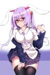  1girl :o alternate_hairstyle animal_ears bangs black_legwear blush commentary_request eyelashes feet_out_of_frame highres light_purple_hair long_hair long_sleeves looking_at_viewer open_mouth rabbit_ears reisen_udongein_inaba rimless_eyewear simple_background sitting solo thigh-highs touhou two_side_up white_background xialuluo_(sharuro) 