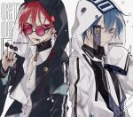  2boys bandaid blue_eyes blue_hair candy demon_horns ear_piercing food highres hood hood_up hoodie horns lollipop long_sleeves multiple_boys myuhuaki nail_polish original pale_skin piercing red_eyes redhead sharp_teeth sleeves_past_wrists teeth 