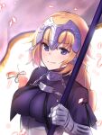  1girl armor armored_dress banner black_ribbon blonde_hair blue_eyes braid eyebrows_visible_through_hair fate/apocrypha fate/grand_order fate_(series) gauntlets highres jeanne_d&#039;arc_(fate) jeanne_d&#039;arc_(fate)_(all) lens_02 long_hair low-tied_long_hair ponytail purple_legwear ribbon ruler_(fate/apocrypha) sheath sheathed single_braid smile solo standing sword thigh-highs very_long_hair weapon 
