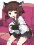  1girl :3 :d akimaki_yuu bandaid bangs black_skirt blush brown_hair character_request commentary_request copyright_request couch eyebrows_visible_through_hair highres holding japanese_clothes long_sleeves looking_at_viewer miniskirt nintendo_switch open_mouth pleated_skirt red_eyes sitting skirt smile solo white_background wide_sleeves 