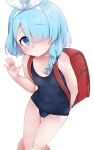  1girl absurdres arm_behind_back arm_up arona_(blue_archive) backpack bag blue_archive blue_eyes blue_hair blue_swimsuit blush bow braid breasts hair_bow hair_over_one_eye highres looking_at_viewer okura-chan_(at_nya5) one-piece_swimsuit randoseru ribbon school_swimsuit short_hair small_breasts solo swimsuit thigh_gap thighs waving 