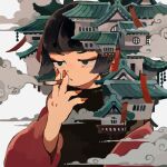  1girl architecture bangs banner black_eyes black_hair black_shirt blunt_bangs butudan_butugu cigarette clouds east_asian_architecture hand_up highres holding holding_cigarette house long_sleeves original red_eyeliner red_nails red_sleeves shirt short_hair smoke smoking solo surreal symbol-only_commentary upper_body white_background whorled_clouds 