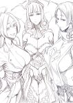  3girls :d ascot breast_curtain breasts carmilla_(fate) coat fate/grand_order fate_(series) fingernails francis_drake_(fate) greyscale grin half-closed_eyes hand_on_hip highres horns large_breasts leotard long_fingernails looking_at_viewer minamoto_no_raikou_(fate) monochrome multiple_girls nakamura_regura open_mouth pants sharp_fingernails smile smug standing tabard take_your_pick tassel you_gonna_get_raped 