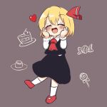  1girl ascot bangs black_skirt black_vest blonde_hair blush closed_eyes collared_shirt english_commentary eyebrows_visible_through_hair ferdy&#039;s_lab grey_background hair_ribbon hands_on_own_cheeks hands_on_own_face mary_janes open_mouth red_ascot red_footwear red_ribbon ribbon rumia shirt shoes short_hair simple_background skirt skirt_set smile socks solo touhou vest white_legwear white_shirt 