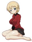  1girl absurdres bangs barefoot black_skirt blonde_hair blue_eyes braid closed_mouth commentary darjeeling_(girls_und_panzer) from_side girls_und_panzer gogopaint highres jacket long_sleeves looking_at_viewer military military_uniform miniskirt pantyhose pleated_skirt red_jacket short_hair simple_background sitting skirt smile solo st._gloriana&#039;s_military_uniform tied_hair twin_braids uniform white_background yokozuwari 