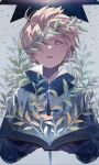  1boy absurdres aky_ami blonde_hair book brown_eyes highres long_sleeves looking_up male_focus open_mouth original pale_skin plant sky solo star_(sky) star_(symbol) starry_sky tears 