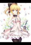  1girl artoria_pendragon_(all) black_bow blonde_hair boocandone bow breastplate caliburn dress eyebrows_visible_through_hair fate/grand_order fate/unlimited_codes fate_(series) faulds floating_hair gauntlets green_eyes hair_between_eyes hair_bow hands_on_hilt highres long_hair looking_at_viewer outdoors petals ponytail saber_lily signature sleeveless sleeveless_dress solo standing white_dress 