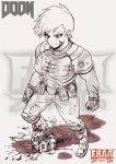  armor black_and_white blood doom_(game) doomguy female genderswap severed_head short_hair white_background 