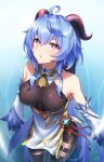  :o ahoge bangs bare_shoulders bell black_gloves black_legwear blue_hair blush bow breasts chinese_knot detached_sleeves flower_knot ganyu_(genshin_impact) genshin_impact gloves gold_trim highres horns long_hair looking_at_viewer medium_breasts naga_(pixiv70891418) neck_bell parted_lips red_rope rope sidelocks solo standing tassel thighlet violet_eyes vision_(genshin_impact) white_sleeves 