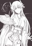  1girl brown_theme closed_mouth fate/grand_order fate_(series) folding_fan hand_fan head_tilt highres holding holding_fan horn_ornament horns japanese_clothes kimono kiyohime_(fate) long_sleeves looking_at_viewer monochrome nakamura_regura obi sash smile snake solo thigh-highs wide_sleeves 