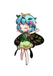  1girl antennae aqua_hair barefoot blush butterfly_wings chibi closed_eyes closed_mouth dairi dress eternity_larva eyebrows_visible_through_hair fairy full_body green_dress hair_between_eyes heart leaf leaf_on_head multicolored_clothes multicolored_dress short_hair short_sleeves single_strap smile solo spread_legs standing tachi-e touhou transparent_background wings 