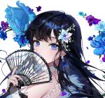 1girl artificial_flower bangs bare_shoulders black_hair blue_eyes blue_flower eyebrows_behind_hair flower folding_fan from_side hair_flower hair_ornament hand_fan holding holding_fan long_hair looking_at_viewer looking_to_the_side original petals purple_flower simple_background sleeveless solo sparkling_eyes tassel ttosom upper_body white_background 