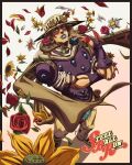  1boy blue_lips brown_cape cape copyright_name flower grandguerrilla green_eyes gyro_zeppeli hat highres holding jojo_no_kimyou_na_bouken lipstick looking_at_viewer makeup male_focus pants purple_shirt red_flower red_rose rose shirt smile solo standing steel_ball_run 