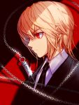  1boy bangs black_jacket black_necktie black_suit blonde_hair chain checkpointsss closed_mouth collared_shirt commentary_request cross expressionless formal from_side glint hair_between_eyes highres hunter_x_hunter inverted_cross jacket kurapika male_focus necktie needle red_background red_eyes shadow shirt short_hair solo suit upper_body white_shirt 