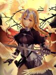  1girl armor armored_dress banner black_ribbon blonde_hair blue_eyes braid eyebrows_visible_through_hair fate/apocrypha fate/grand_order fate_(series) gauntlets highres jeanne_d&#039;arc_(fate) jeanne_d&#039;arc_(fate)_(all) jinky_shoujo long_hair low-tied_long_hair ponytail purple_legwear ribbon ruler_(fate/apocrypha) sheath sheathed single_braid smile solo standing sword thigh-highs very_long_hair weapon 