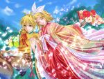   blonde_hair blue_eyes fan flower japanese_clothes kagamine_len kagamine_rin kimono petals ponytail ribbons short_hair vocaloid  