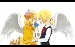   angel blonde_hair blue_eyes crying flower gloves kagamine_len kagamine_rin ponytail short_hair vocaloid wings  