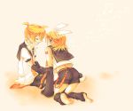  barefoot blonde_hair blue_eyes bow headphones kagamine_len kagamine_rin short_hair vocaloid 