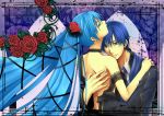  1boy 1girl aqua_eyes aqua_hair back blue_eyes blue_hair cantarella_(vocaloid) choker couple dress flower formal hair_flower hair_ornament hatsune_miku hetero hug kaito lace long_hair nanami_kazusa red_rose ribbons rose short_hair strap_slip twintails very_long_hair vocaloid 