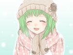  close face fang green_hair gumi hat mittens scarf smile snowing vocaloid winter 
