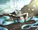   blue_hair dress flower green_eyes hatsune_miku long_hair petals ribbons see_through vocaloid  
