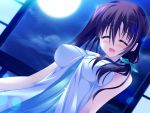  1girl blush breasts closed_eyes dress eyebrows_visible_through_hair eyes_closed female game_cg hanasaki_uri harukazedori_ni_tomarigi_wo_2nd_story moon night night_sky open_mouth purple_hair short_hair solo source_request stars white_dress 