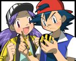  1boy 1girl amada backwards_hat baseball_cap hat holding holding_poke_ball nanako_(pokemon) open_mouth paint paintbrush painting poke_ball pokemon pokemon_(anime) purple_hair satoshi_(pokemon) satoshi_(pokemon)_(classic) twintails 