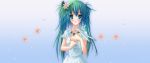   blue_eyes blush dress dualscreen flower green_hair hatsune_miku long_hair ribbons twintails vocaloid  