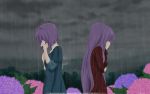   clannad crying dark dress flower fujibayashi_kyou fujibayashi_ryou long_hair night purple_hair rain short_hair vector  