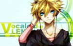  aoshiki blue_eyes hand_on_headphones headphones kagamine_len smile solo tagme vocaloid 