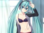 aqua_hair arm_up blue_eyes blush bow_bra bra breasts cleavage curtains digital_media_player flat_chest hatsune_miku head_tilt headphones holding ipod jacket lingerie long_hair off_shoulder open_clothes open_shirt smile solo track_jacket twintails underwear very_long_hair vocaloid window yamakaze_ran 