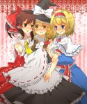  bad_id blonde_hair blue_eyes bow braid brown_hair detached_sleeves hair_bow hair_ribbon hairband hakurei_reimu harukichi_(artist) hat kirisame_marisa red_eyes ribbon touhou witch_hat yellow_eyes 