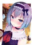  1girl black_choker blurry blurry_background blush choker collarbone commentary_request eyes_visible_through_hair frilled_hairband frills hairband highres looking_at_viewer open_mouth rouka_(akatyann) ryuuou_no_oshigoto! short_hair silver_hair sleeveless solo sora_ginko violet_eyes 