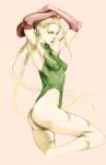  armpits arms_behind_head arms_up ass beret blonde_hair braid breasts cammy_white capcom elbow_gloves erect_nipples gloves green_eyes hat ikeda_masateru leotard long_hair solo street_fighter twin_braids 